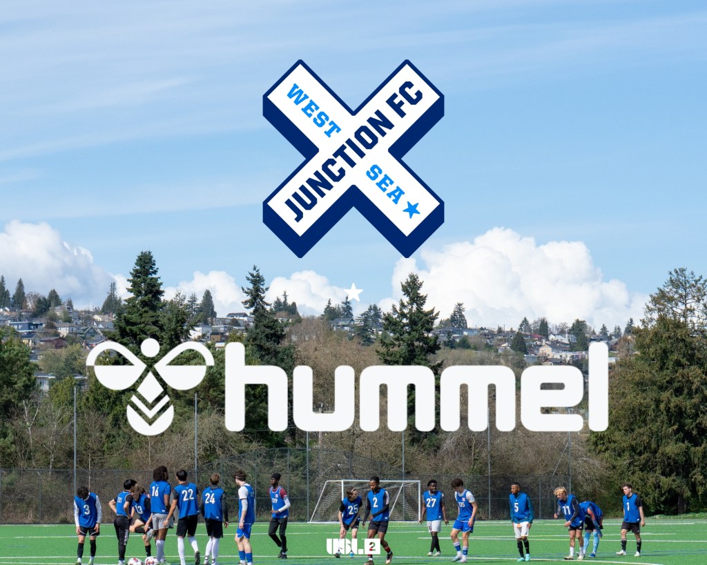 West Seattle Junction FC Logo and Hummel Logo with a photo of soccer players in the background